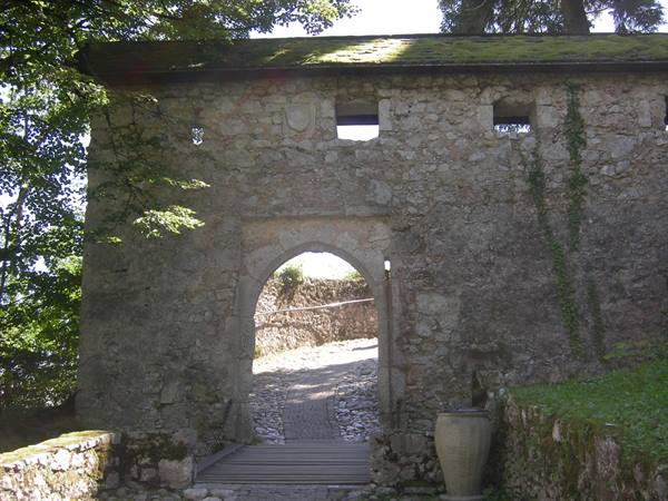 Stone castle gate with gothic arch and cobblestone path