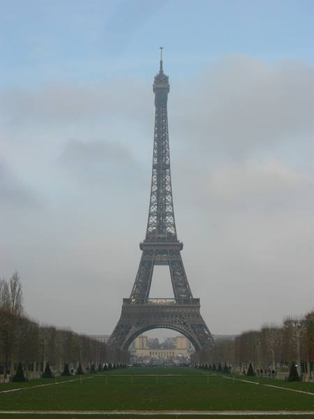 The iron Eiffel Tower among bare trees on the Champ de Mars