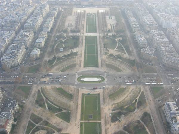 Champ de Mars seen from the Eiffel Tower, green lawns and haze