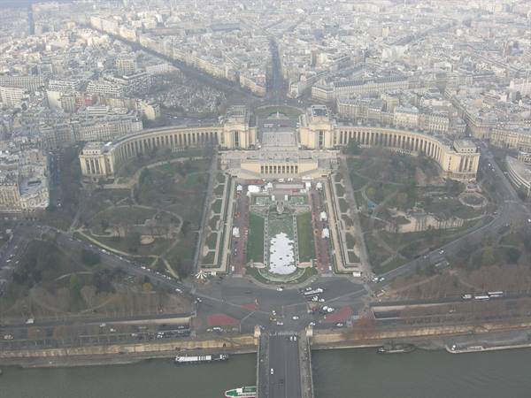 The Trocadéro and the Seine seen from above the Eiffel Tower