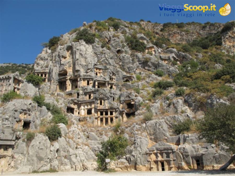 Lycian rock-cut tombs carved into the cliff at Myra, in sunlight