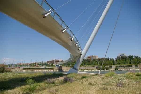White curved cable-stayed bridge over the river in Zaragoza, dry grass foreground