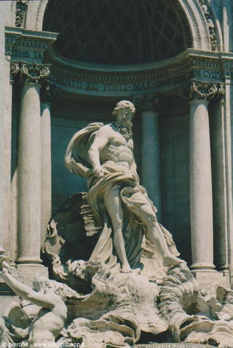 Marble Oceanus statue, Trevi Fountain, sunlight on the columns