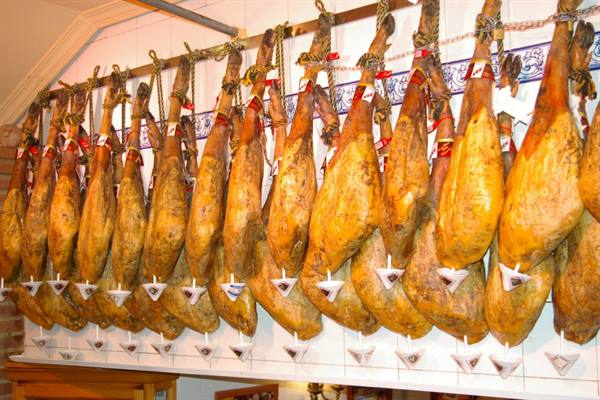 Whole cured hams hanging by ropes above the counter of a lit deli