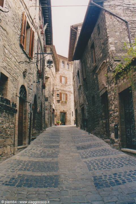 Steep cobblestone alley between old stone houses, soft daylight