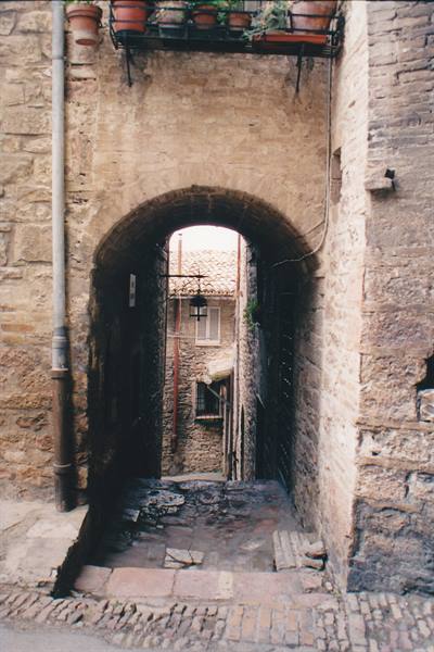 Stone arch with flower pots above, cobbled alley between old houses