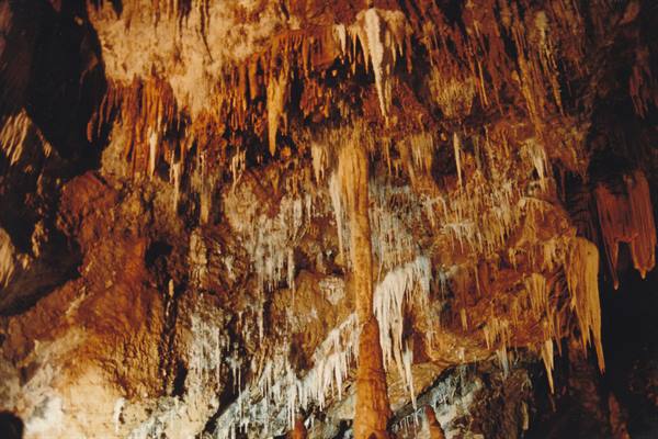 Limestone stalactites and stalagmites lit up inside a cave
