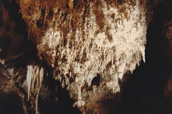 Limestone stalactites and flowstone lit inside a dark cave