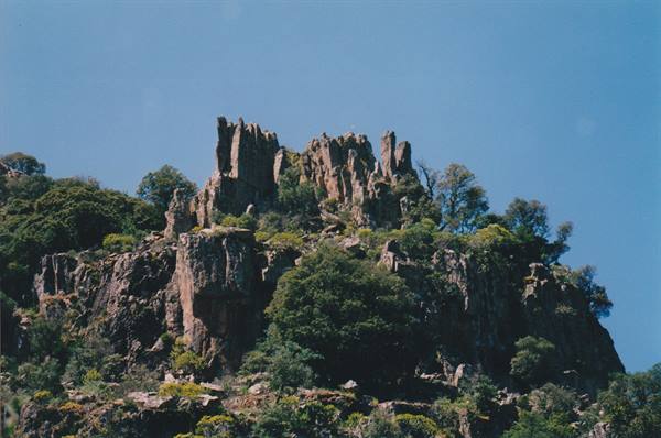 Volcanic rock pinnacles with green trees against blue sky, Corsica