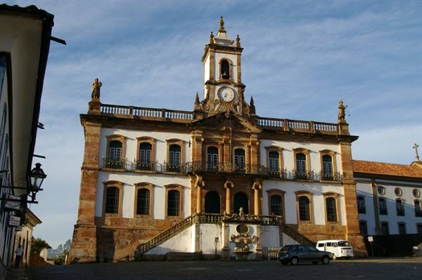 Inconfidência Museum in Ouro Preto, baroque stone facade under blue sky