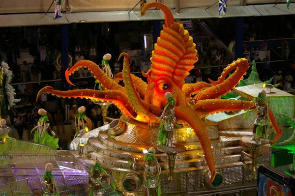 Orange octopus carnival float at Rio de Janeiro samba parade