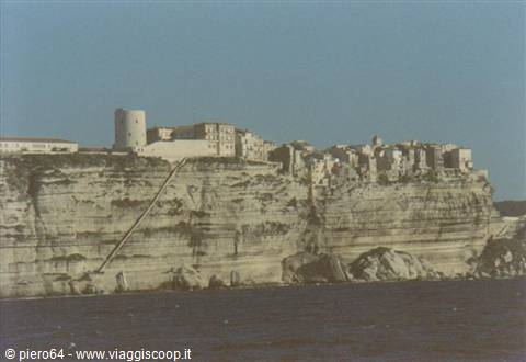 Bonifacio: houses and tower atop limestone cliffs above the sea