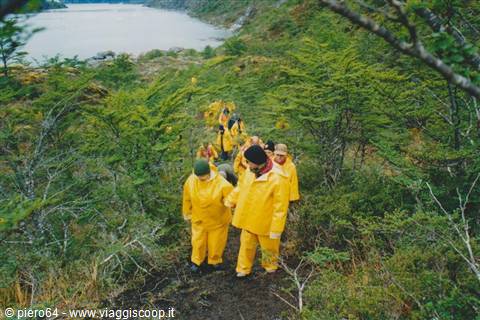 Hikers in yellow raincoats walking a muddy trail among green bushes above the lake