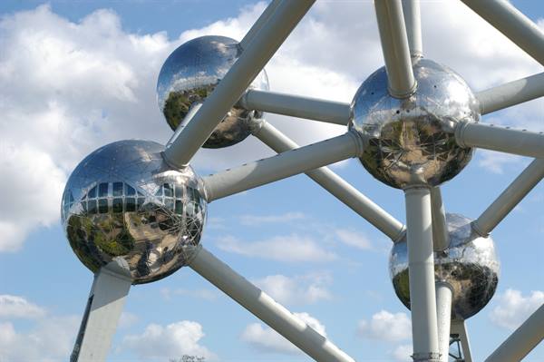 Chromed steel spheres of the Atomium reflecting the cloudy sky in Brussels