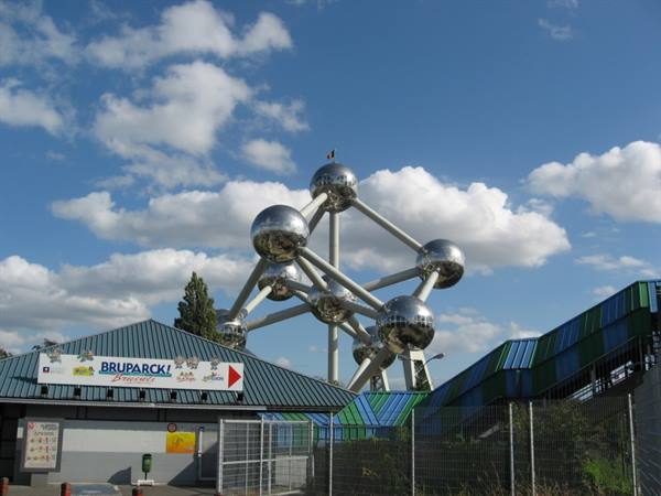 The Atomium in Brussels with its steel spheres against the clouds