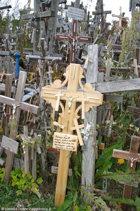Wooden crosses intertwined with crucifixes and handwritten messages, Hill of Crosses