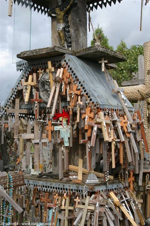 Hundreds of wooden crosses around a shrine on the Hill of Crosses