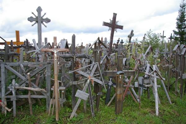 Hill of Crosses: hundreds of intertwined wooden crosses under a cloudy sky