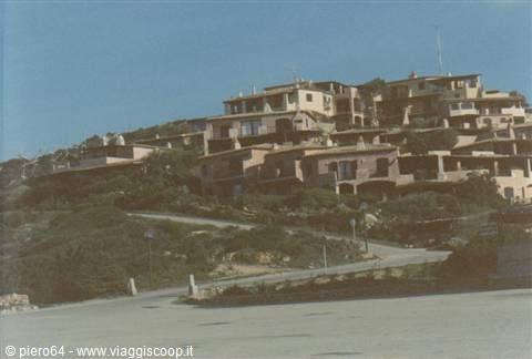 Village of pink masonry houses on green hill, sunny morning