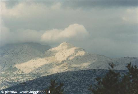 Sunlit rocky mountain peak under grey clouds with dark vegetation below