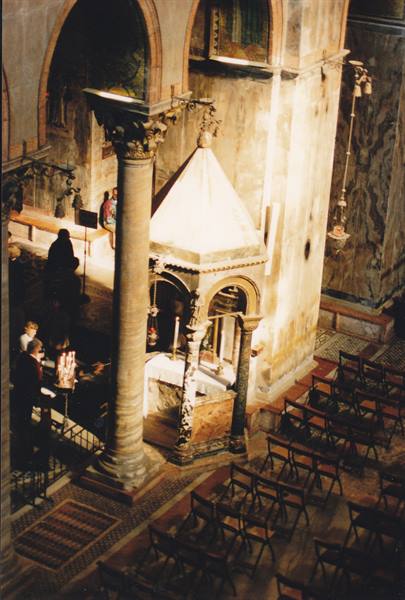 Gothic marble ciborium among ancient Roman columns, Santa Maria in Cosmedin, Rome