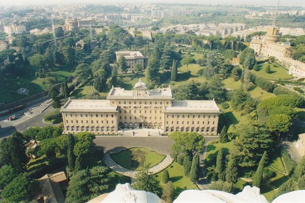 Governor's Palace seen from St. Peter's Dome, lush Vatican gardens
