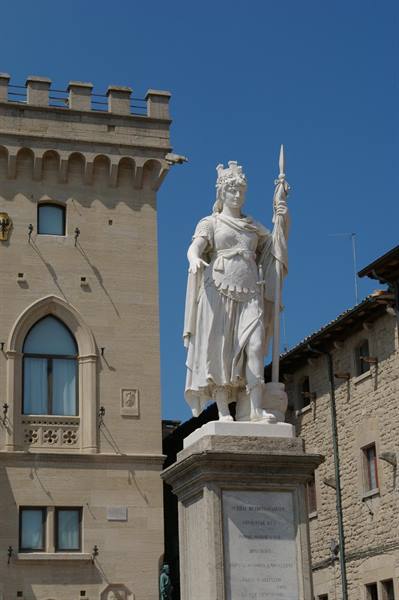 Marble statue of Liberty in front of the Public Palace, San Marino