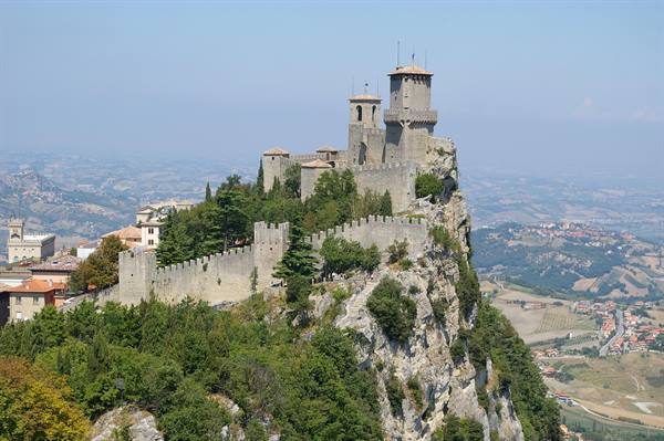 Guaita fortress of San Marino perched on the rocky ridge