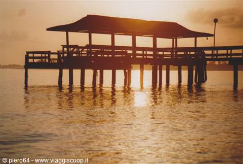 wooden pier with thatched roof reflected in golden water