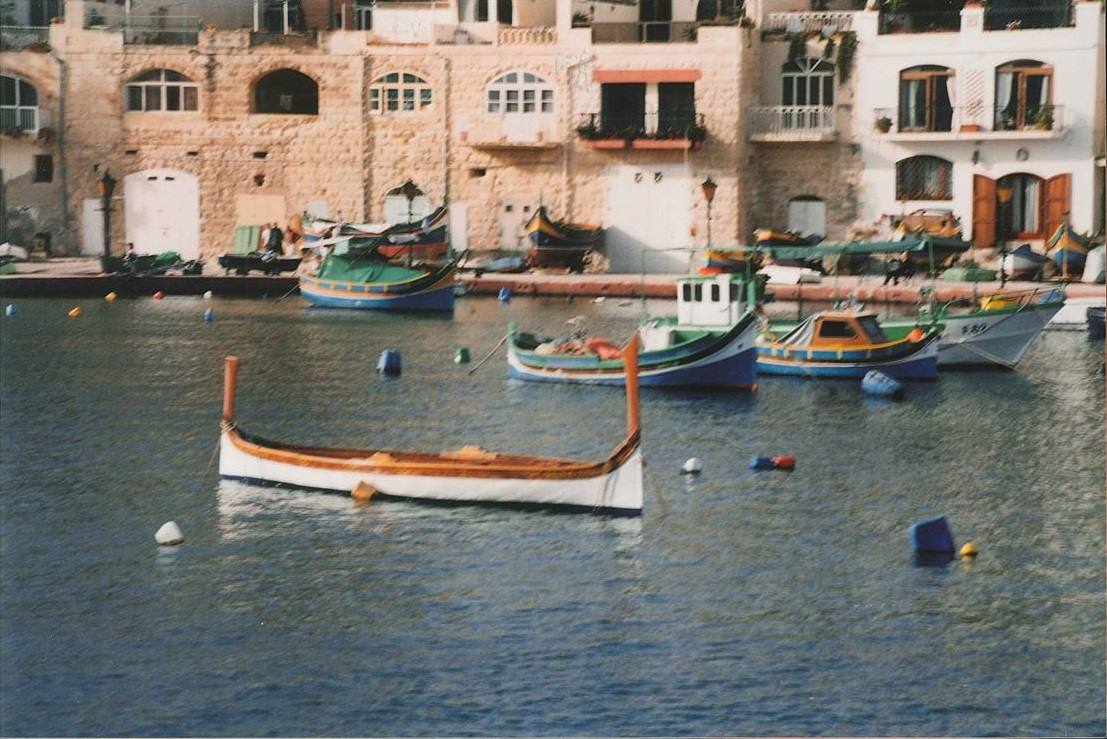 Barche da pesca colorate ormeggiate davanti alle case in pietra calcarea di Spinola Bay