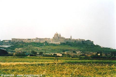 Mdina, the old stone-built city, rising above cultivated fields
