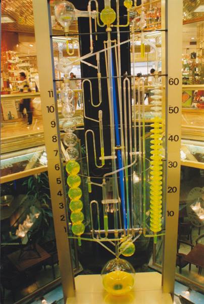 Large glass thermometer with yellow liquid, inside a lit store