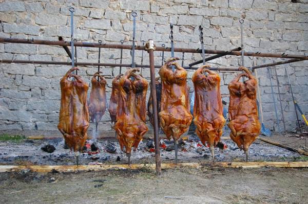 Whole roasted pigs on skewers over embers, against a stone wall