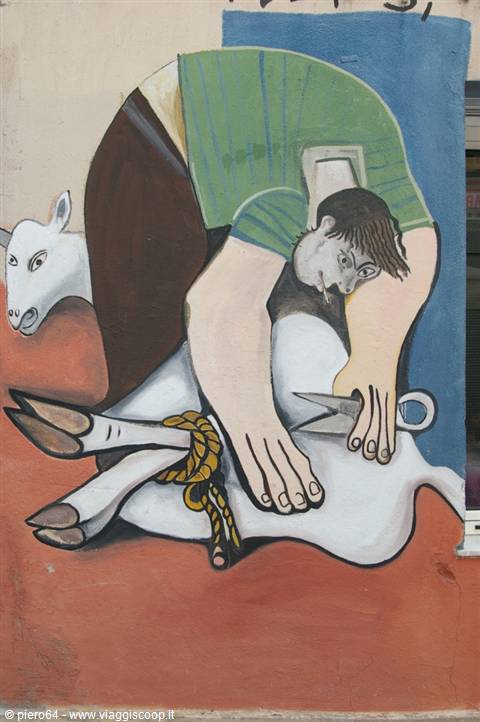 Colorful mural of a farmer shearing a sheep with scissors