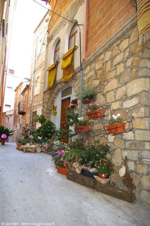 Stone alley with potted flowers and yellow blankets on windowsills