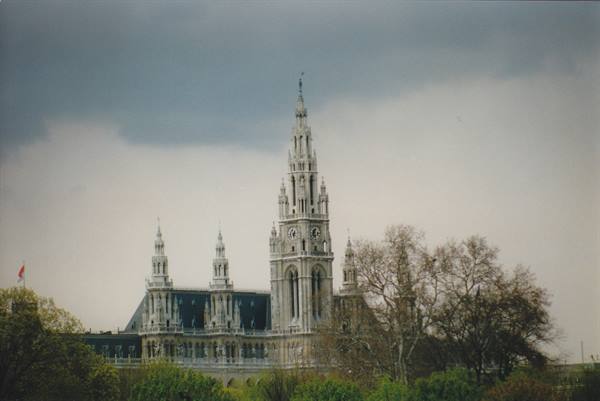 Vienna's neo-Gothic city hall among bare trees under cloudy sky