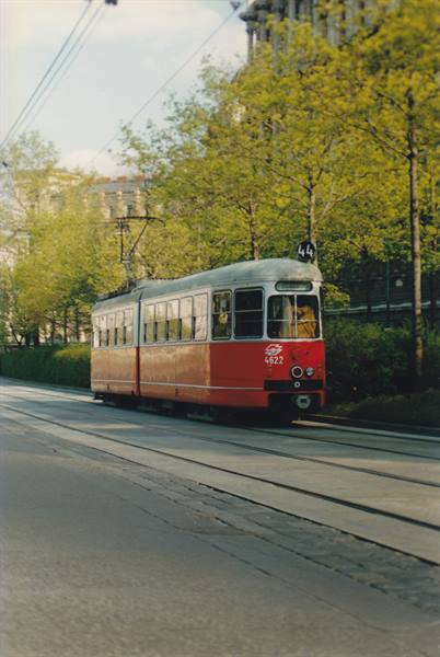 Red and white tram running on tracks, green spring trees alongside