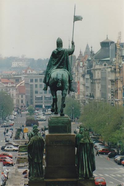 Bronze equestrian statue of Saint Wenceslas holding banner, Wenceslas Square, Prague
