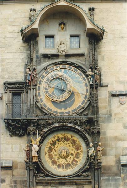 Prague medieval astronomical clock on stone facade with statues