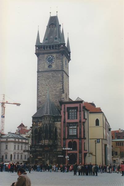 Astronomical Clock tower in Prague, crowd of tourists in the square