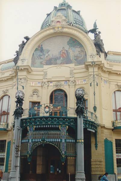 Art Nouveau facade of Prague's Municipal House with mosaic, green dome and lantern