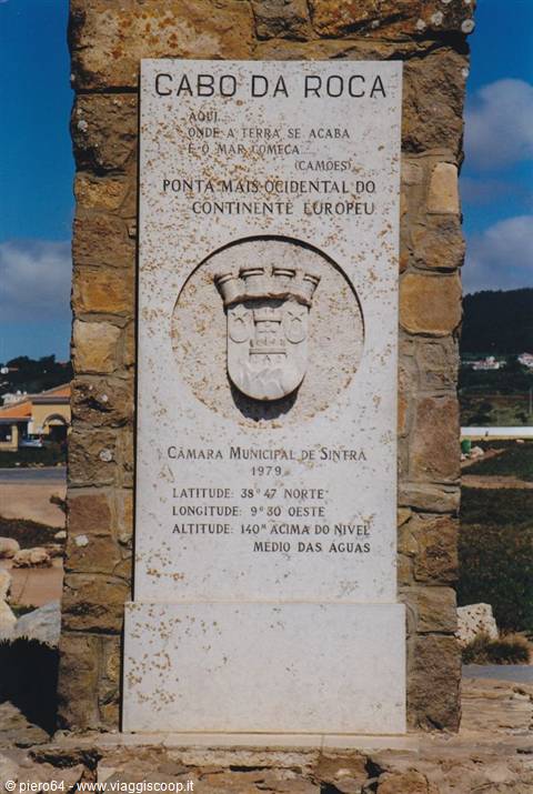 Limestone stele at Cabo da Roca bearing coat of arms and coordinates of Europe's westernmost point