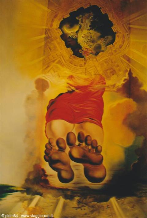Surreal painting: two giant feet rising toward a golden frescoed ceiling