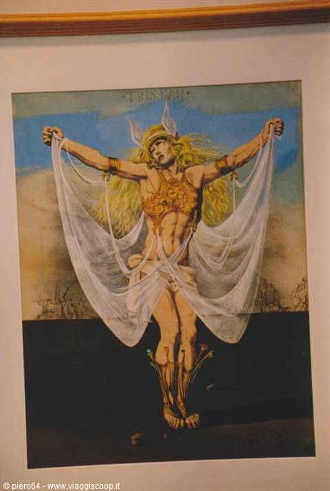 Framed print of Dalí's Tristan: winged-helmet figure draped in white veils