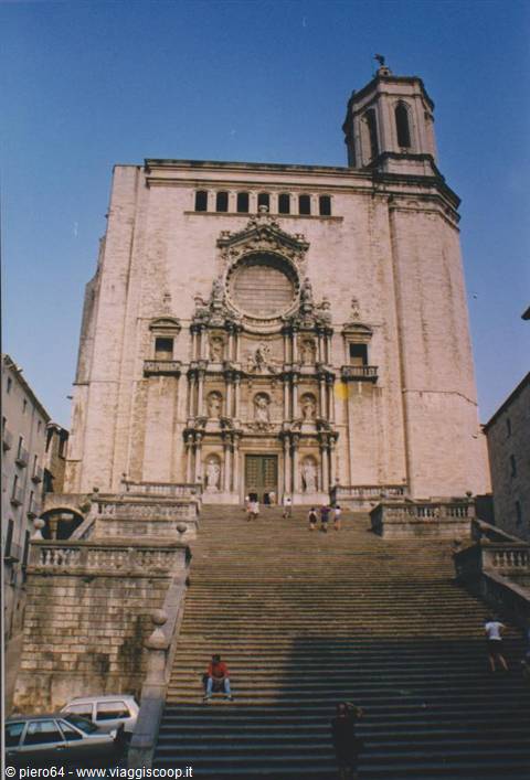 Baroque facade of Girona Cathedral with wide stone staircase