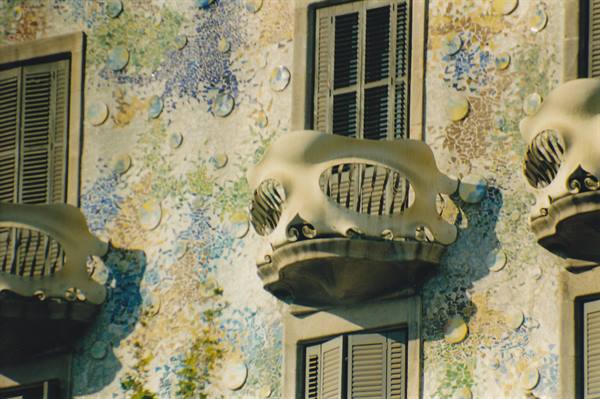 Gaudí's Casa Batlló balconies with trencadís mosaic facade