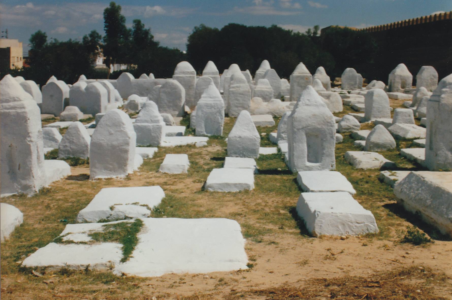 Cemetery with whitewashed tombs in sunlight, ancient walls in the background