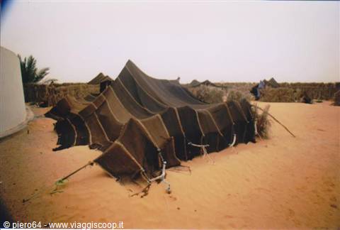 Dark cloth nomad tent pitched among the sand dunes