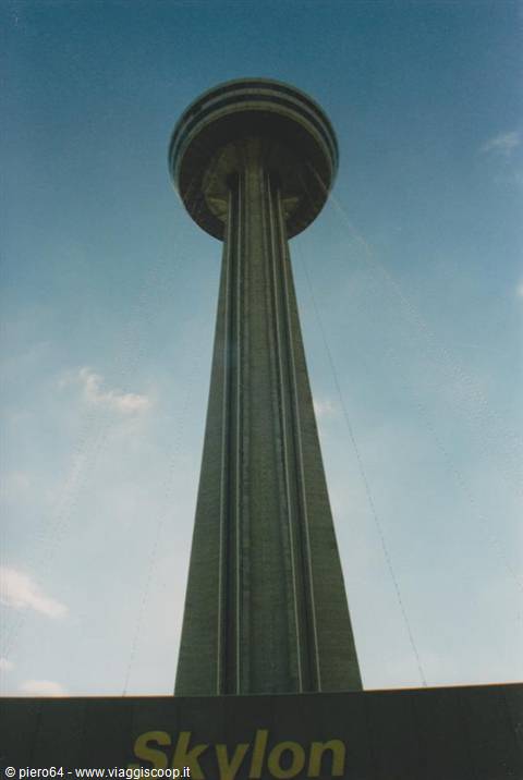 The Skylon Tower at Niagara, concrete spire against a blue sky