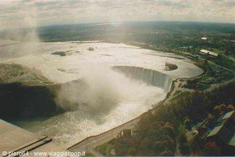 Aerial view of Horseshoe Falls at Niagara, mist rising over the falls